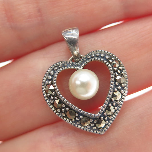 HAN Sterling Silver Vintage Faux Pearl & Real Marcasite Heart Minimalist Pendant