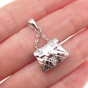 925 Sterling Silver Round-Cut C Z Ladies Purse Locket Charm Pendant