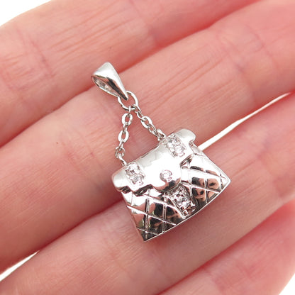 925 Sterling Silver Round-Cut C Z Ladies Purse Locket Charm Pendant