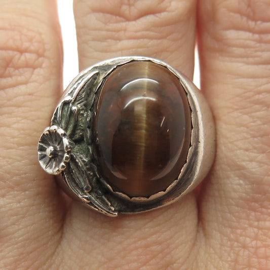 TOMMY LONG Old Pawn 925 Sterling Silver Vintage Tiger Eye Floral Ring Size 12.75