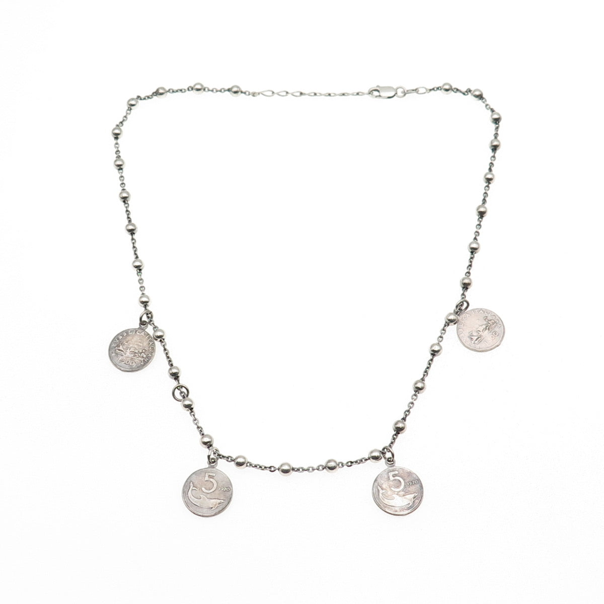 925 Sterling 835 Silver Vintage 1920-70 Italy 5 & 500 Lire Coin Necklace 16-18"