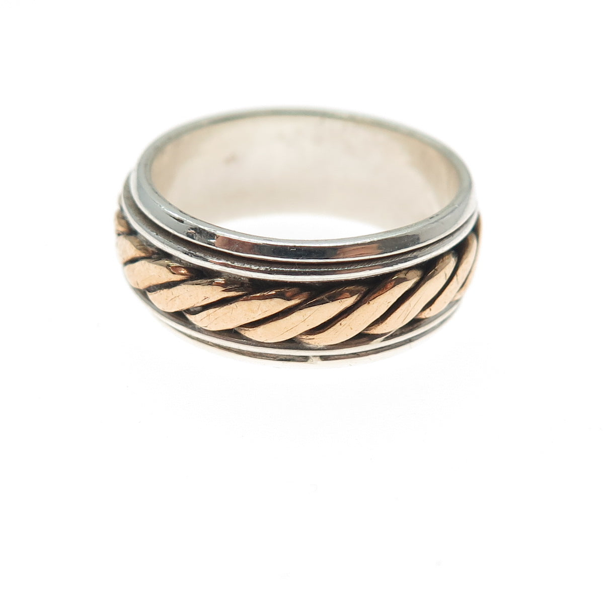 925 Sterling Silver 2-Tone Vintage Ribbed Rotating Band Ring Size 6.5