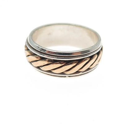 925 Sterling Silver 2-Tone Vintage Ribbed Rotating Band Ring Size 6.5