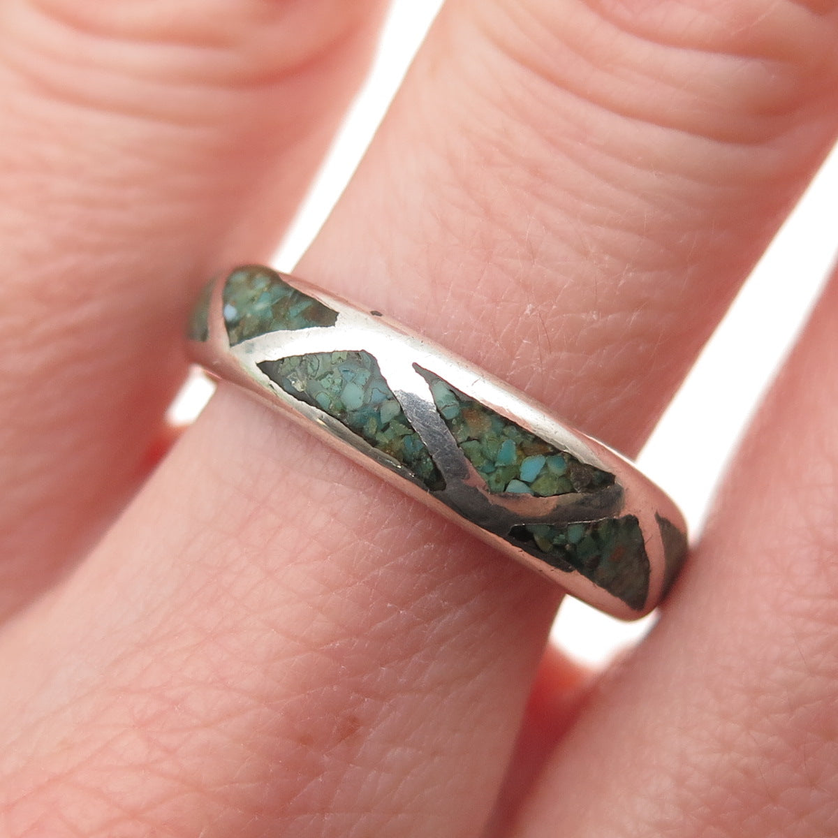Old Pawn 925 Sterling Silver Vintage Turquoise Inlay Tribal Band Ring Size 9.5