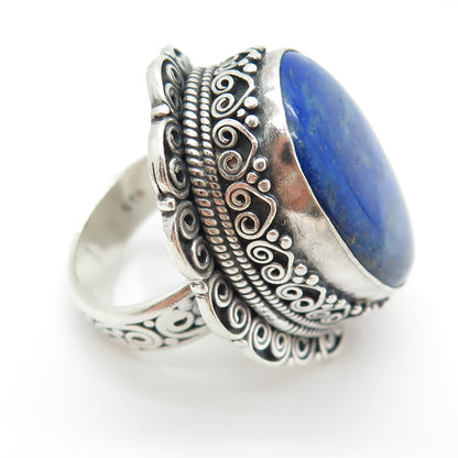 925 Sterling Silver Vintage Real Cabochon Lapis Lazuli Swirl Ring Size 7.75