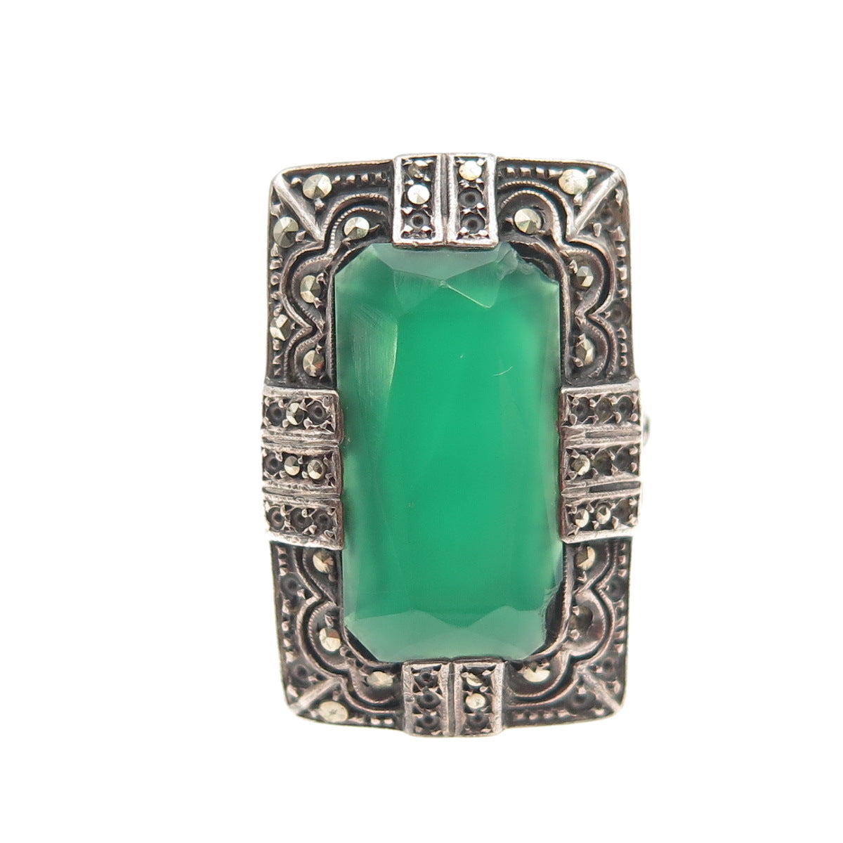 925 Sterling Antique Green Onyx & Marcasite Ring Size 7.75 (missing 25 stones)