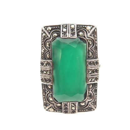 925 Sterling Antique Green Onyx & Marcasite Ring Size 7.75 (missing 25 stones)
