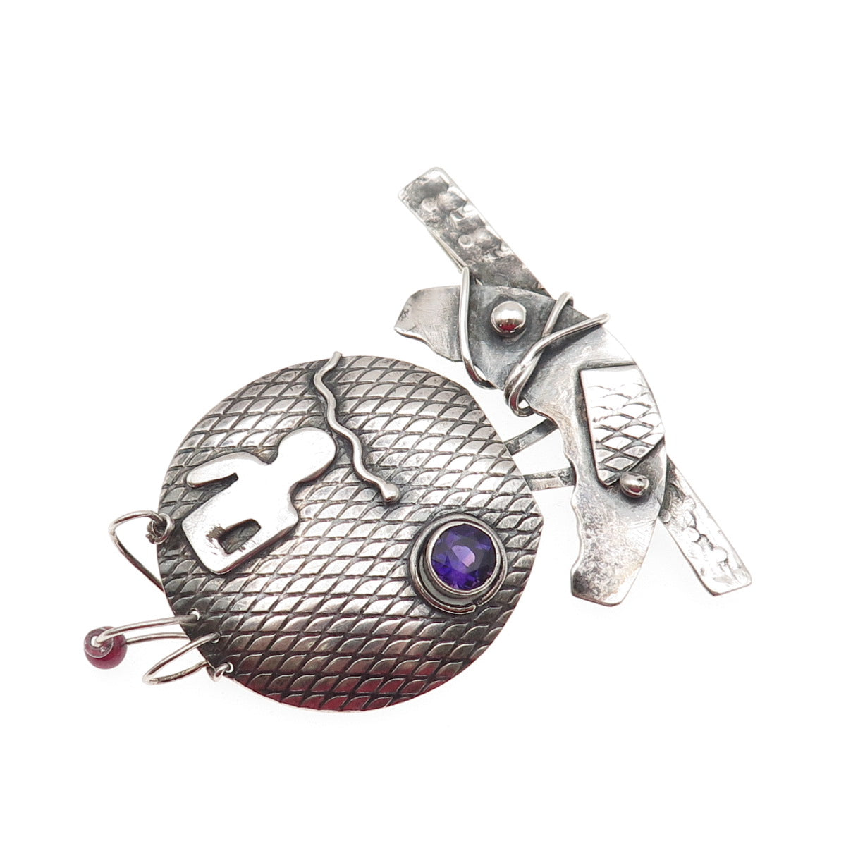 925 Sterling Silver Vintage Real Amethyst & Red Garnet Modernist Pin Brooch
