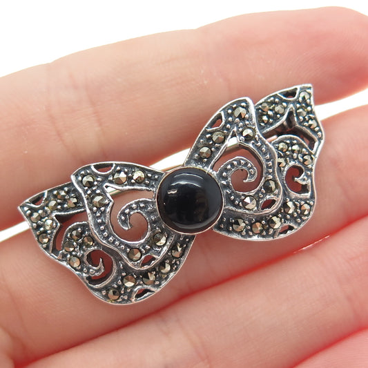 925 Sterling Silver Vintage Real Onyx & Marcasite Butterfly Oxidized Pin Brooch
