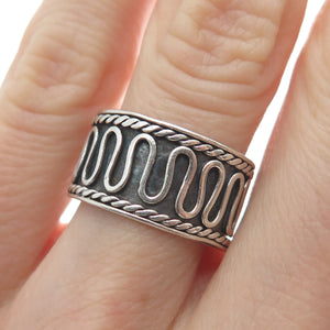 925 Sterling Silver Vintage Modernist Wavy Zig Zag Oxidized Ring Size 7