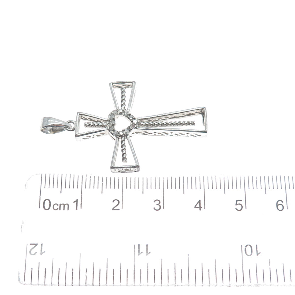 925 Sterling Silver Real Round-Cut Diamond Heart Cross Charm Pendant