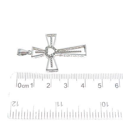 925 Sterling Silver Real Round-Cut Diamond Heart Cross Charm Pendant