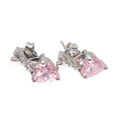925 Sterling Silver Heart-Cut Pink & Round-Cut White C Z Earrings