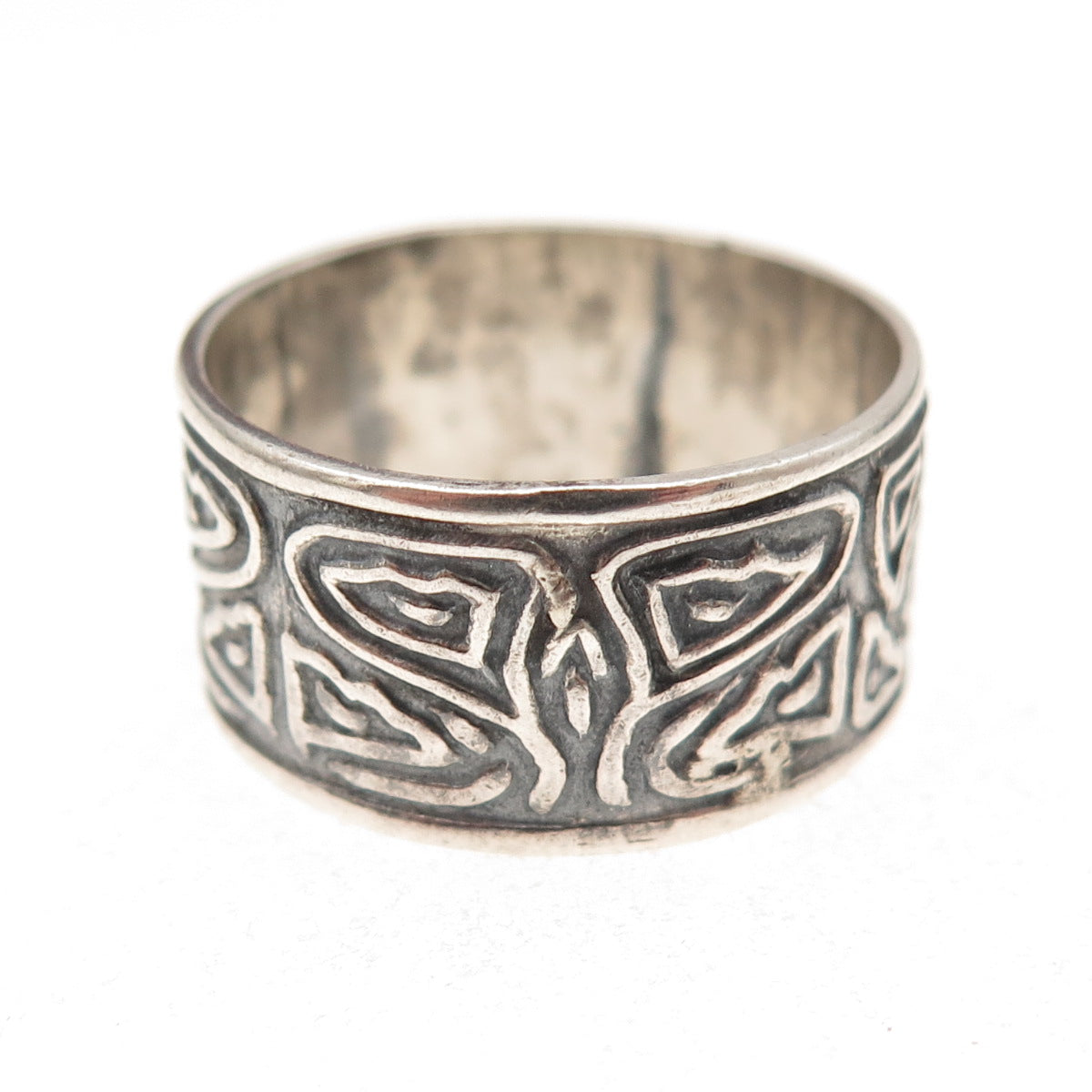 925 Sterling Silver Vintage Mexico Modernist Oxidized Wide Band Ring Size 10.25