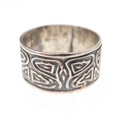 925 Sterling Silver Vintage Mexico Modernist Oxidized Wide Band Ring Size 10.25