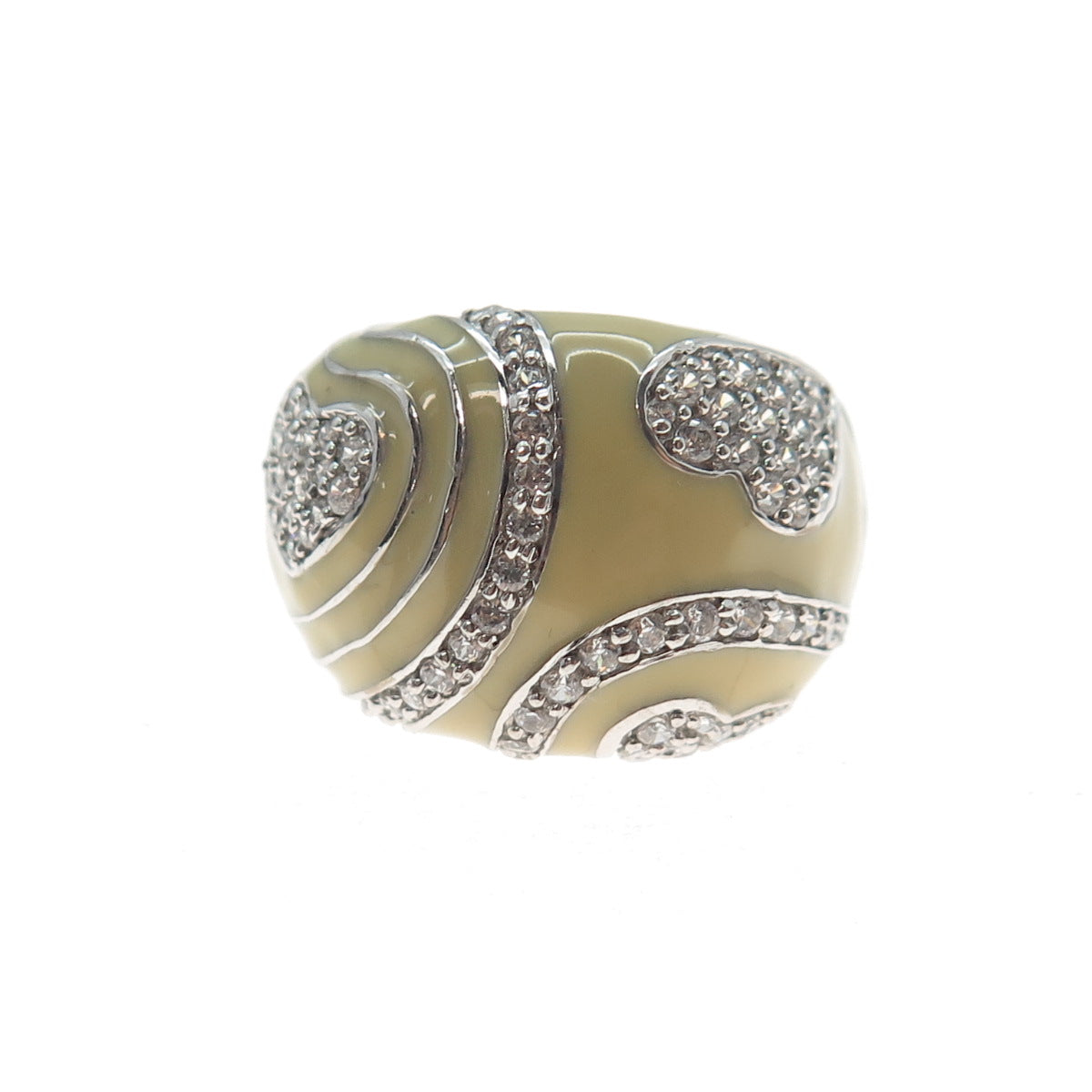 925 Sterling Silver Vintage Enamel Round-Cut C Z Heart Dome Ring Size 5