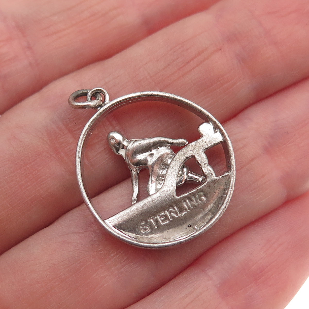 925 Sterling Silver Vintage Female Bowling Player Oxidized Charm Pendant