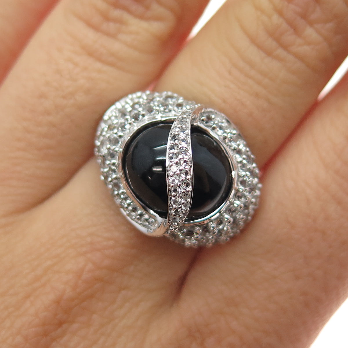 925 Sterling Silver Vintage Real Black Onyx & White Topaz Modernist Ring Size 7