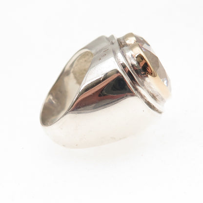 925 Sterling Silver 14K Gold Vintage C Z Modernist Heart Oxidized Ring Size 4.5