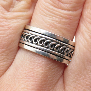 GEOART 925 Sterling Silver Vintage Spiral Oxidized Rotating Band Ring Size 8
