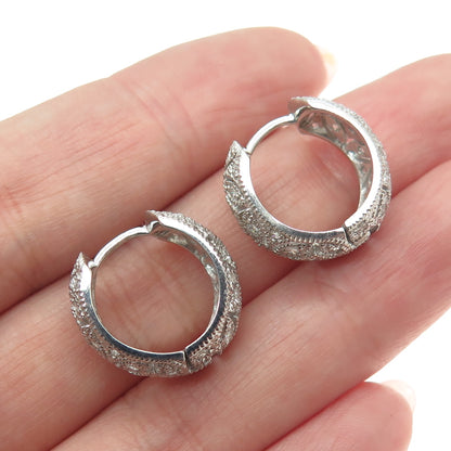 925 Sterling Silver Round-Cut C Z Ornate Hoop Earrings