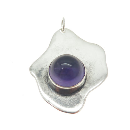 925 Sterling Silver Vintage Real Amethyst Gemstone Modernist Pendant