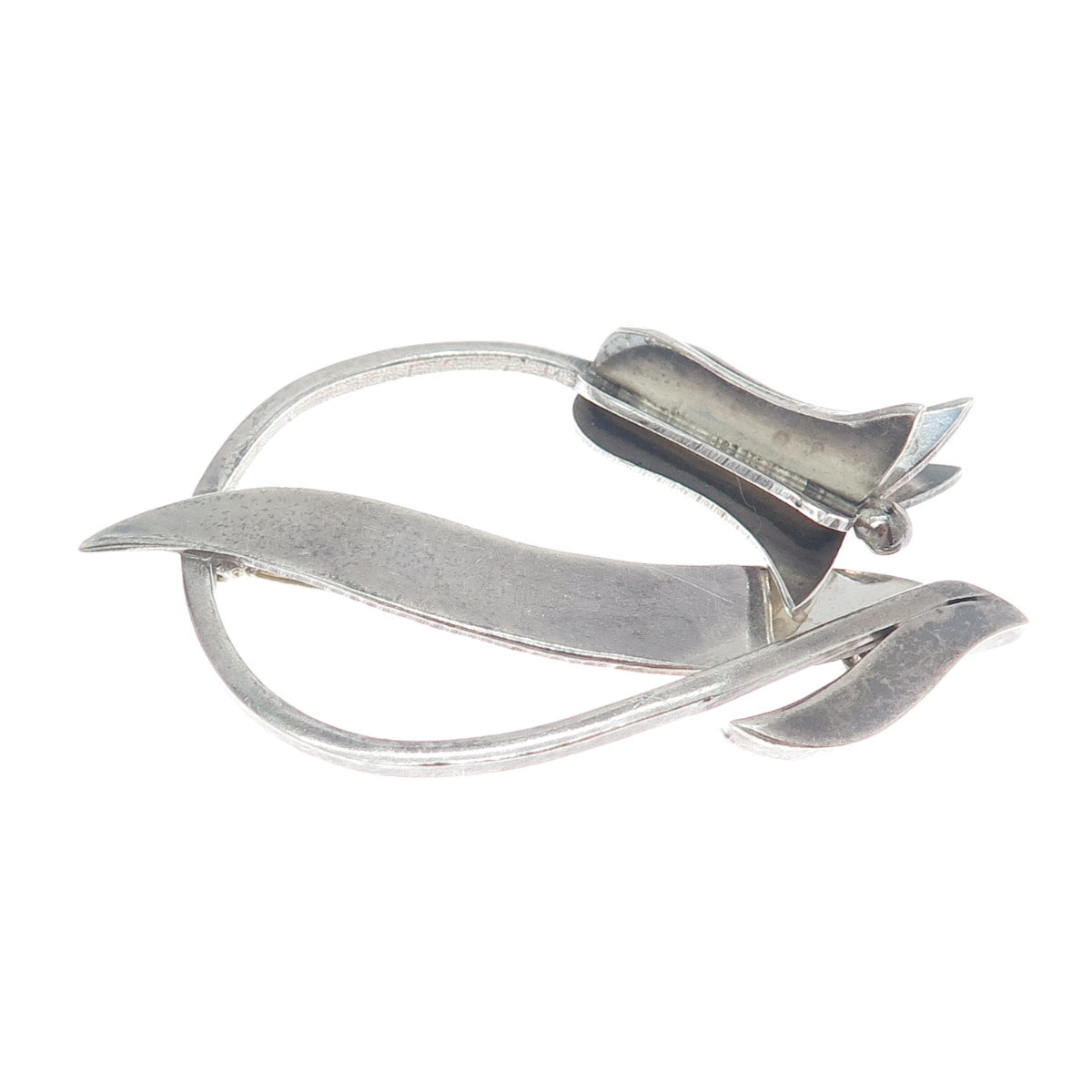 925 Sterling Silver Vintage Mexico Tulip Flower Modernist Oxidized Pin Brooch
