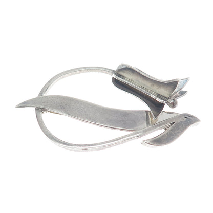 925 Sterling Silver Vintage Mexico Tulip Flower Modernist Oxidized Pin Brooch