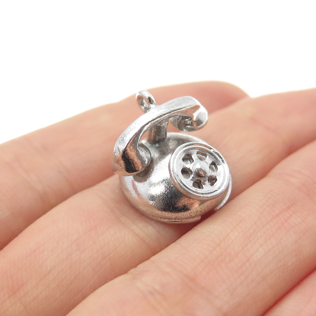 925 Sterling Silver Antique Art Deco Retro Rotary Phone Mini 3D Charm Pendant