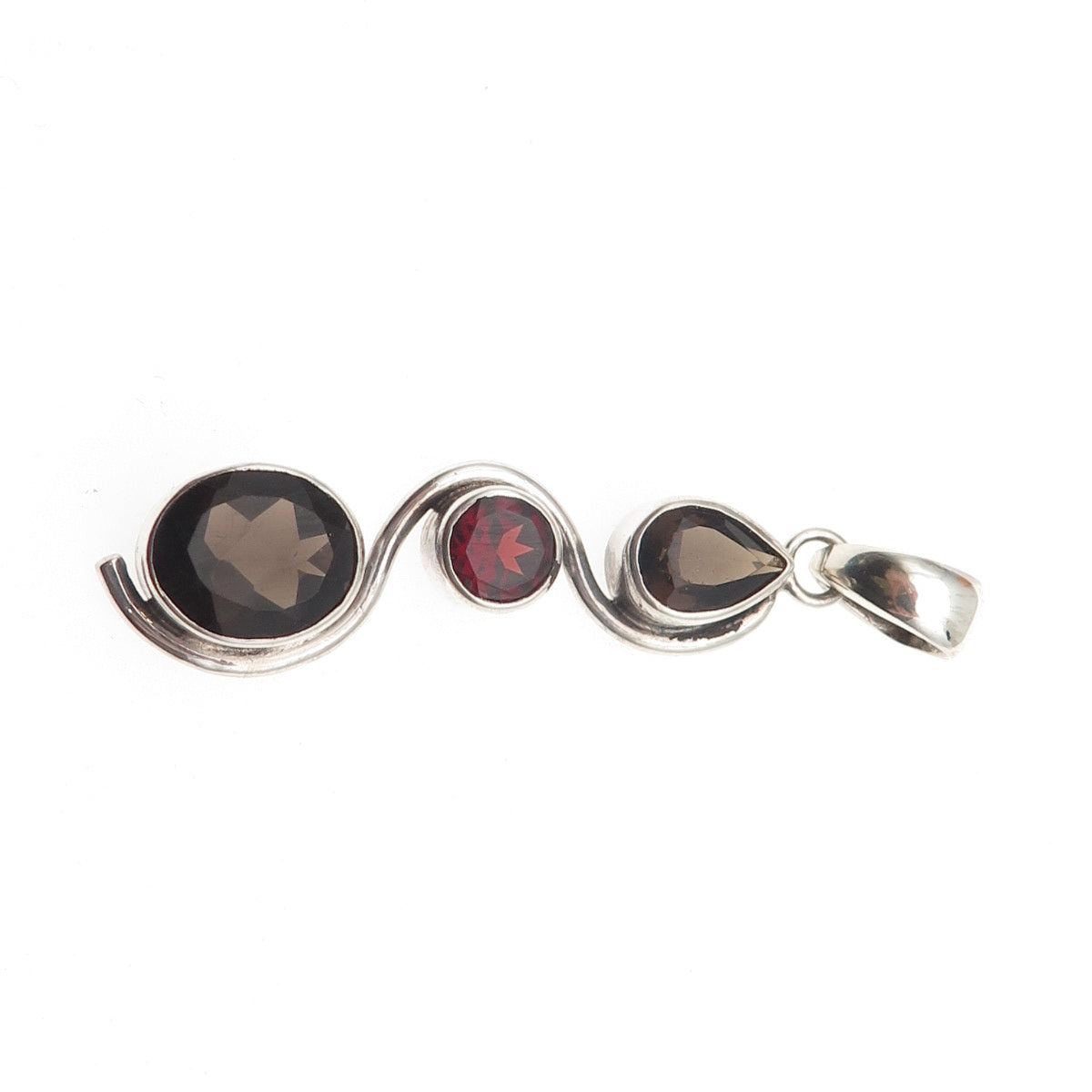 925 Sterling Silver Vintage Real Smoky Quartz & Red Garnet Wavy Charm Pendant