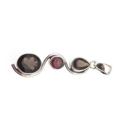 925 Sterling Silver Vintage Real Smoky Quartz & Red Garnet Wavy Charm Pendant