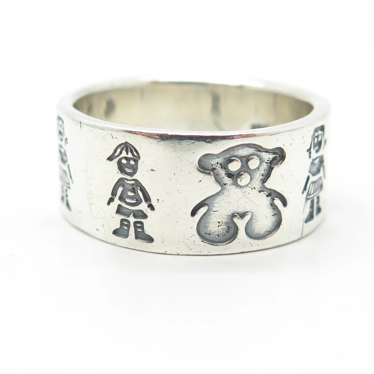 925 Sterling Silver Vintage Mexico Girl Boy & Bear Band Ring Size 11.5
