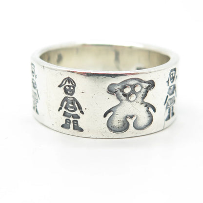 925 Sterling Silver Vintage Mexico Girl Boy & Bear Band Ring Size 11.5