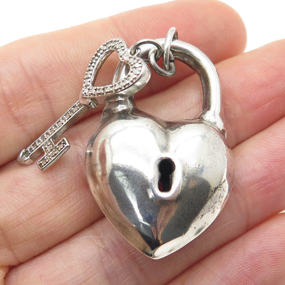 925 Sterling Silver Vintage Puffy Heart Lock & Key 3D Pendant