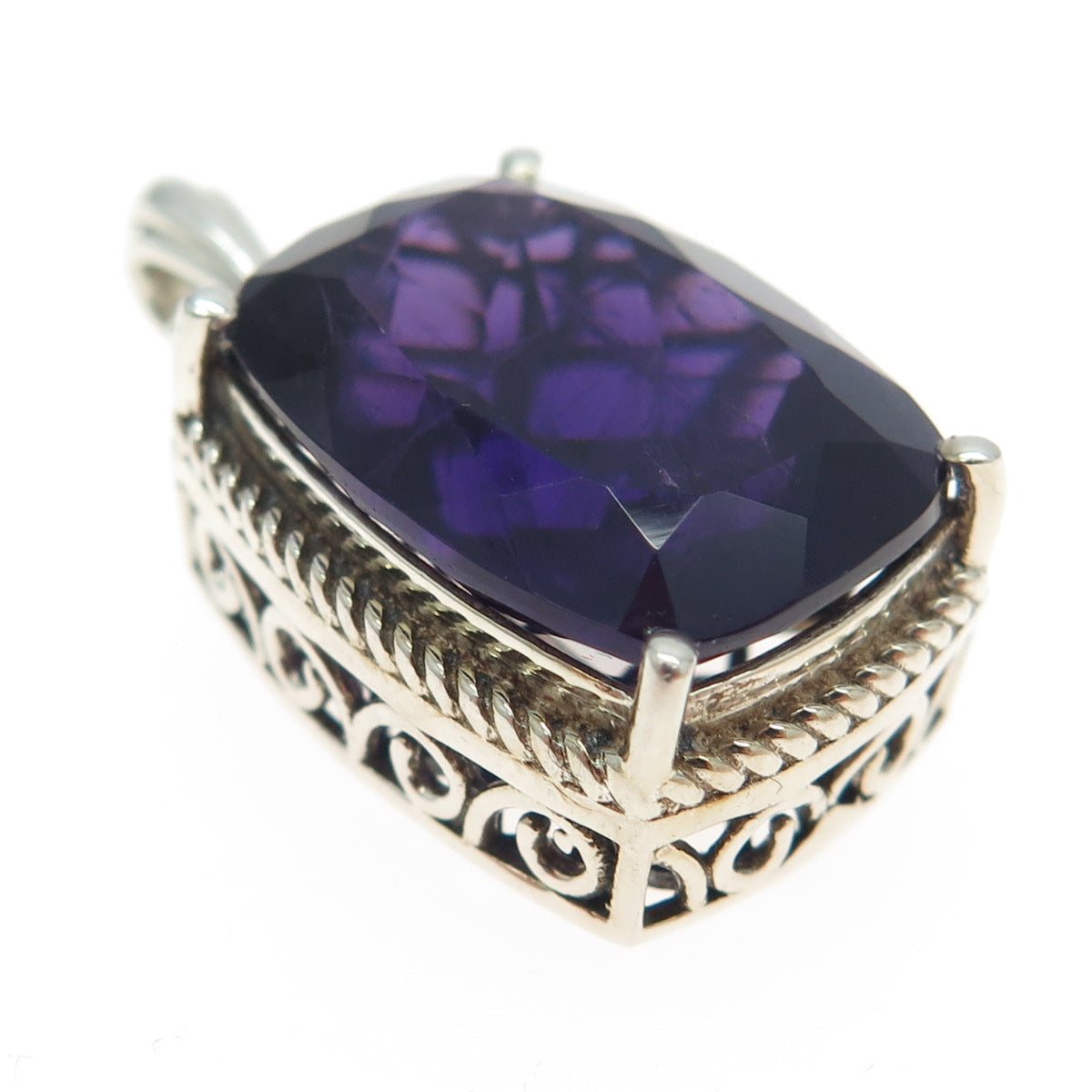 925 Sterling Silver Real Elongated Cushion-Cut C Z Amethyst Pendant