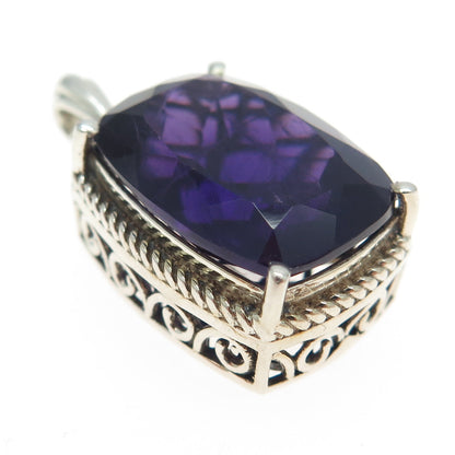 925 Sterling Silver Real Elongated Cushion-Cut C Z Amethyst Pendant