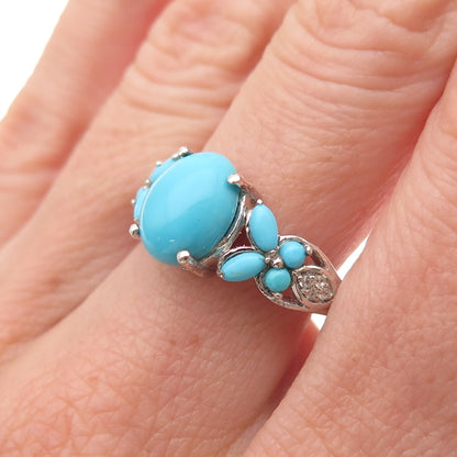 925 Sterling Silver Real Sleeping Beauty Turquoise & White Topaz Ring Size 8