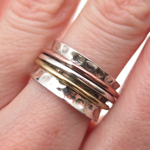 925 Sterling Silver 3-Tone Vintage Modernist Hammered Rotating Ring Size 7