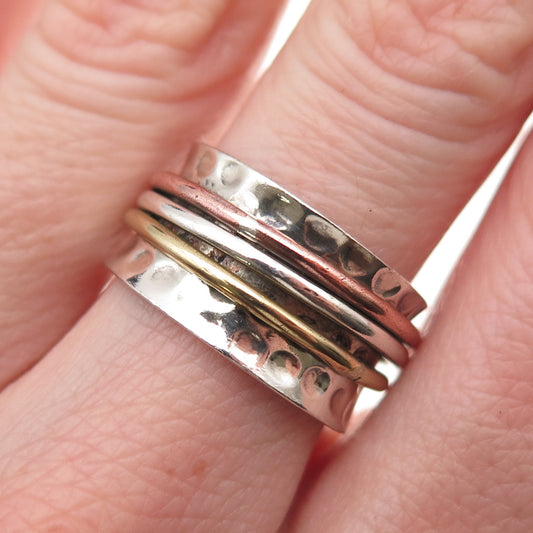 925 Sterling Silver 3-Tone Vintage Modernist Hammered Rotating Ring Size 7