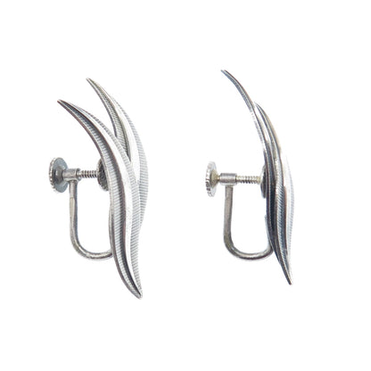 925 Sterling Silver Vintage Germany Modernist Floral Leaf Screw Back Earrings