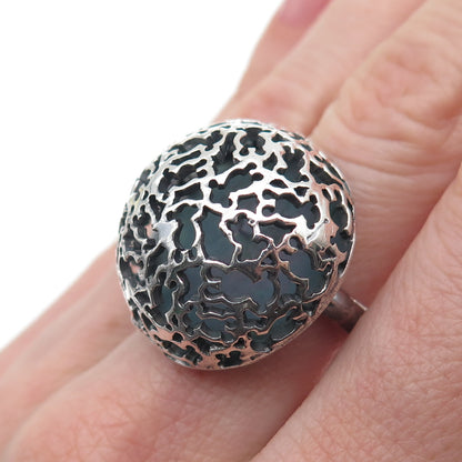 925 Sterling Silver Vintage Modernist Teddy Bear Dome Oxidized Ring Size 8