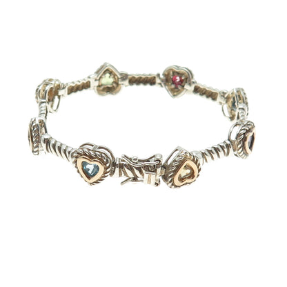 ROSS SIMONS 925 Sterling Silver 14K Gold Real Multi-Gem Heart Link Bracelet 6.5"