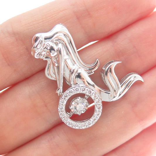 925 Sterling Silver Round-Cut C Z Ariel Mermaid Charm Slide Pendant