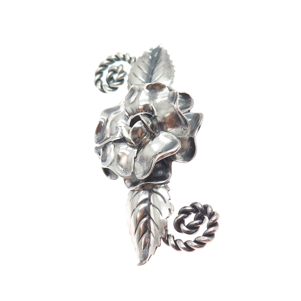 925 Sterling Silver Antique Art Deco Peony Flower Oxidized Pin Brooch