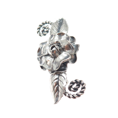 925 Sterling Silver Antique Art Deco Peony Flower Oxidized Pin Brooch