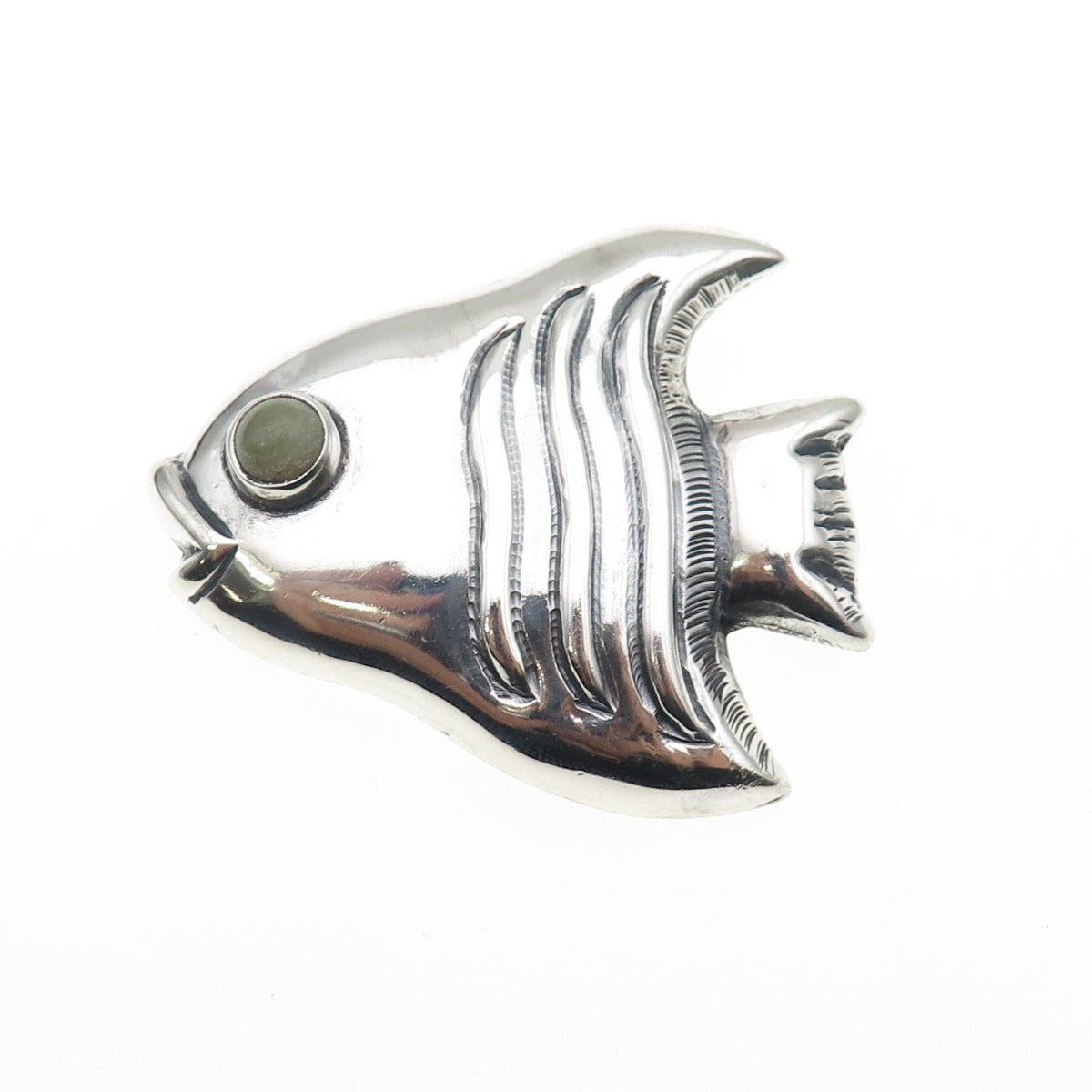 925 Sterling Silver Vintage Mexico Real Aventurine Fish Oxidized Pin Brooch