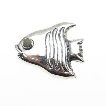 925 Sterling Silver Vintage Mexico Real Aventurine Fish Oxidized Pin Brooch