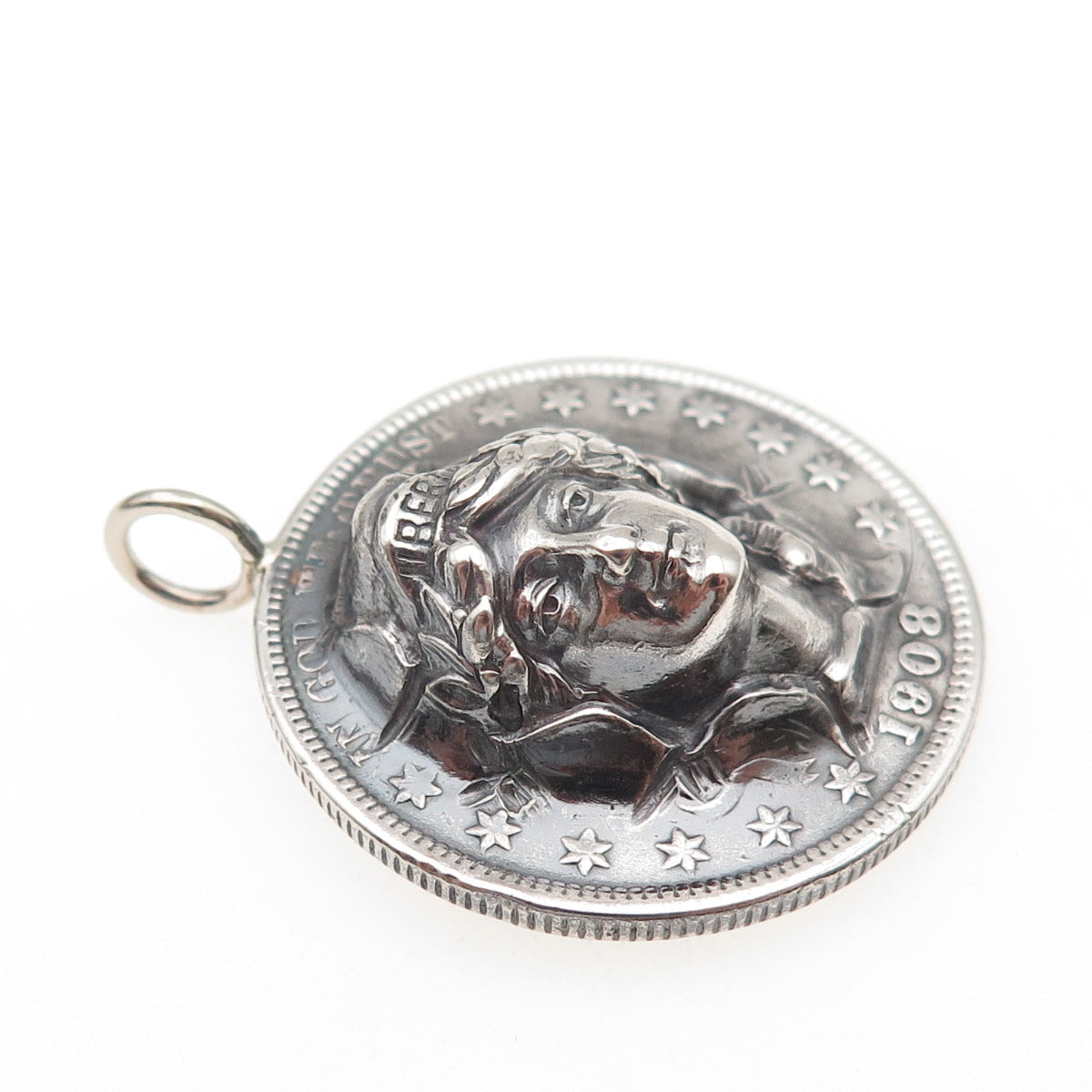 900 Silver Antique 1908 US Barber Half Dollar Repousse Coin Charm Pendant