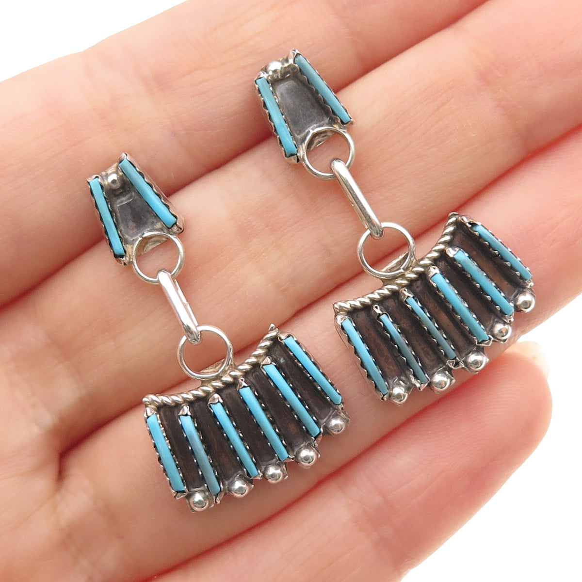 Old Pawn Sterling Silver Vintage Turquoise Needlepoint Tribal Dangle Earrings