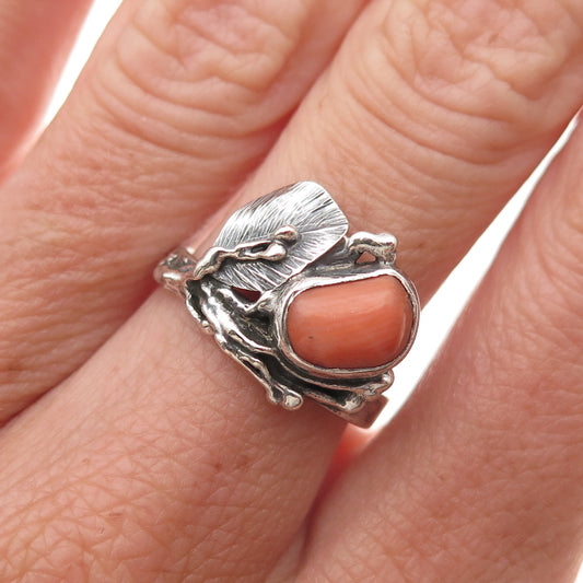 800 Silver Vintage SP Poland Real Coral Calla Lily Oxidized Ring Size 7.25